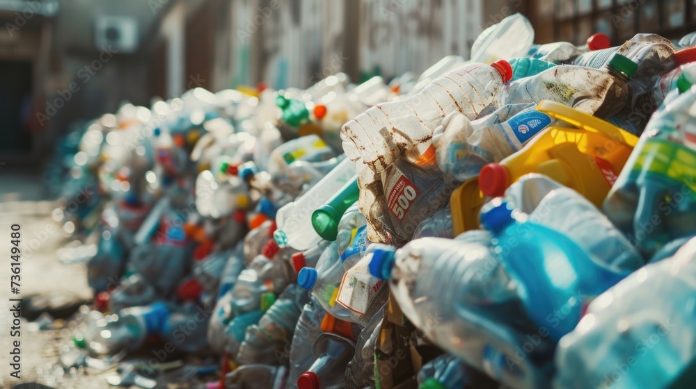 Poster a collection of plastic bottles neatly lined up. perfect for illustrating environmental pollution or