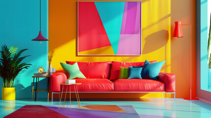 Photo of a vibrant interior with colorful furniture and abstract art