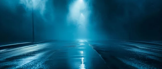 Foto op Aluminium Dark street, wet asphalt, reflections of rays in the water. Abstract dark blue background, smoke, smog © Artem