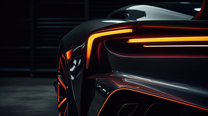 Close up photo of a corner front-end of a futuristic sports car, the car is dark grey, the led...