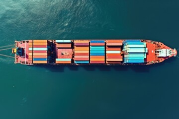 A large container ship sailing in the vast ocean. Suitable for transportation, logistics, and global trade concepts