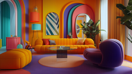 Photo of a vibrant interior with colorful furniture and abstract art