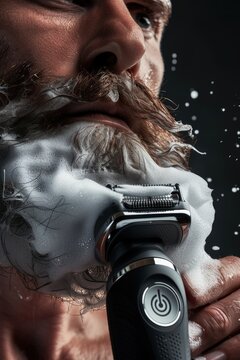 A man is shown using an electric razor to shave his beard. This image can be used to depict grooming, personal care, or male hygiene