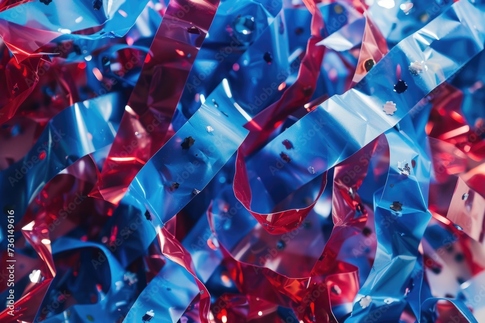 Poster A close-up view of a bunch of red and blue ribbons. Versatile and vibrant, perfect for adding a pop of color to any project