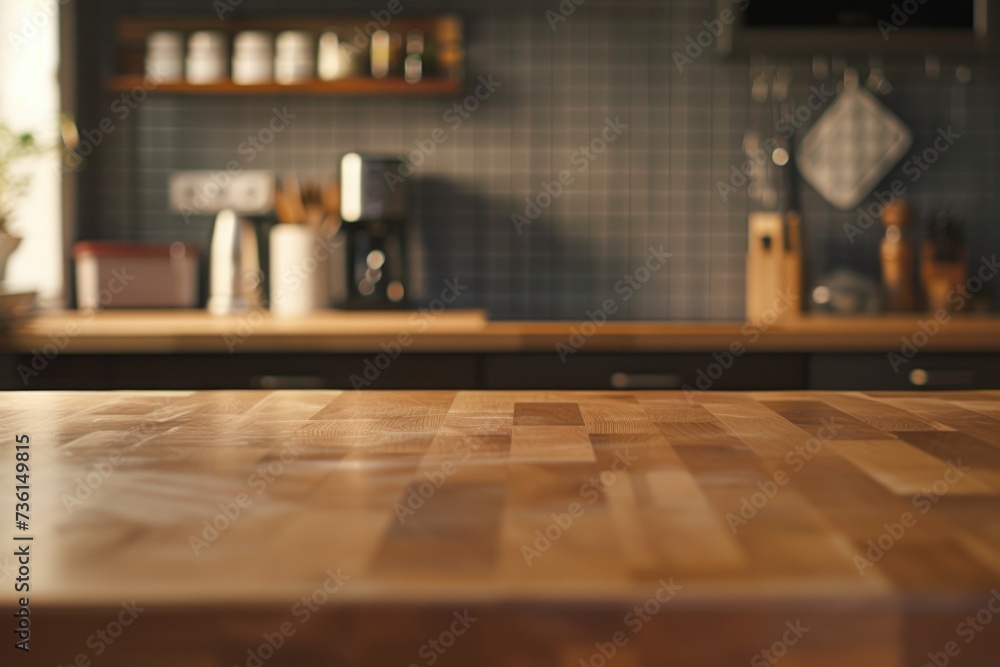 Poster a wooden counter top in a kitchen next to a window. perfect for showcasing natural lighting and prov