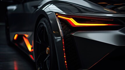 Close up photo of a corner front-end of a futuristic sports car, the car is dark grey, the led...