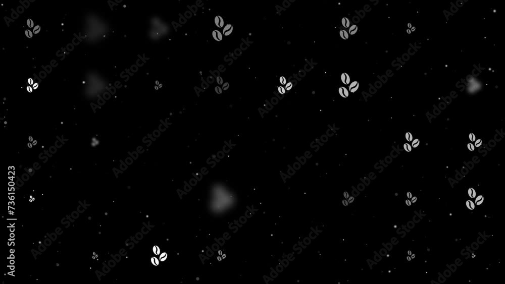 Poster template animation of evenly spaced coffee beans symbols of different sizes and opacity. animation o