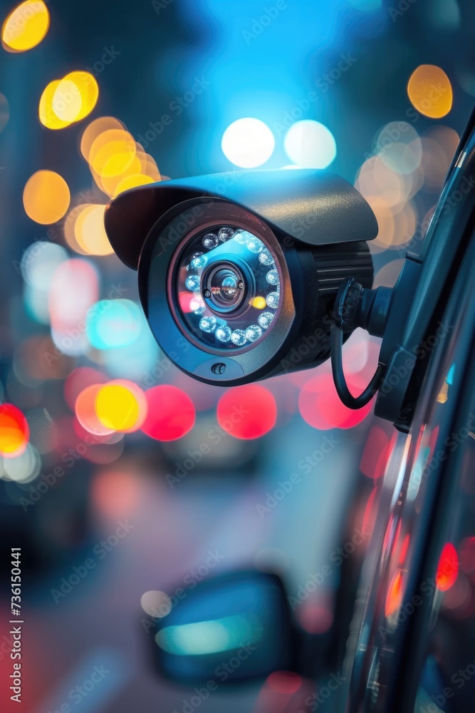 Poster A camera mounted on the side of a car. Suitable for various applications