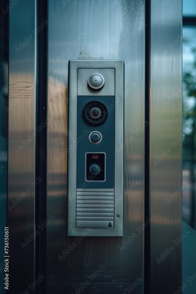 Poster a metal door with a button. perfect for illustrating security, access control, or entrance concepts