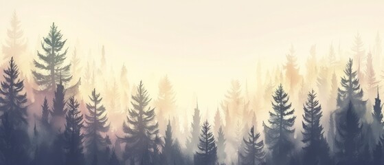 Misty landscape with fir forest in vintage retro style