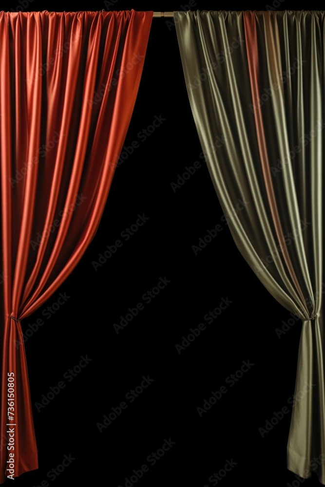 Poster A pair of red and silver curtains hanging on a wall. Can be used to add a touch of color and elegance to any room