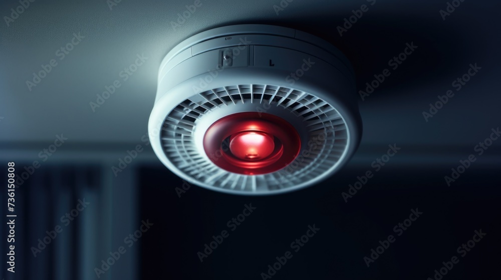 Poster a close-up view of a red light fixture on a ceiling. this picture can be used to depict modern inter