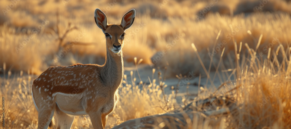 Poster a deer stands in the middle of a dry grass field. perfect for nature and wildlife-themed projects