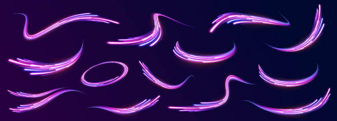 Accelerating speed on a night road in the form of a comet of neon colors. High speed effect motion blur night lights blue and red. 