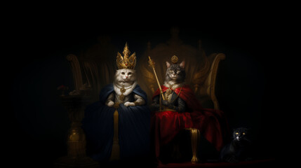 Fototapeta premium Animal portrait, King, Queen, Cats, Throne, Dressed, Ironic, Renaissance, Medieval. IN THE PRESENCE OF YOUR FELINE MAJESTIES. A couple of powerful emperor felines dressed up in Medieval style. Phanter