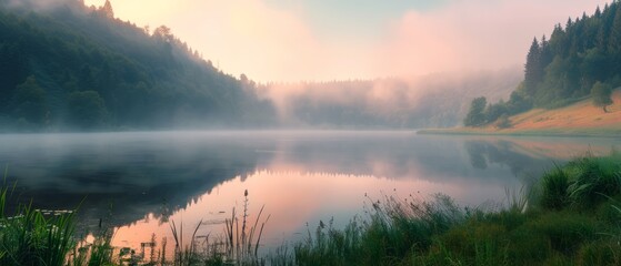 Misty morning scene of Lacu Rosu lake. Foggy summer sunrise in Harghita County, Romania, Europe. Beauty of nature concept background - obrazy, fototapety, plakaty