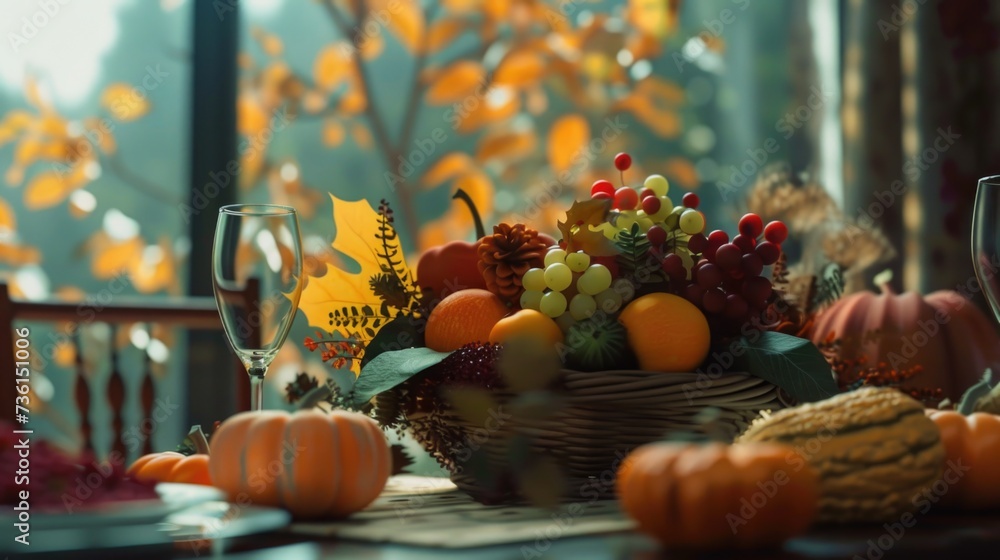 Poster A table adorned with a basket of fresh and vibrant fruits, accompanied by a glass of wine. Ideal for adding a touch of elegance and nature to any setting