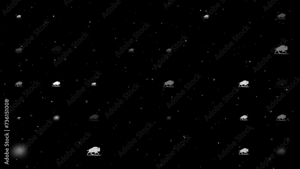 Poster template animation of evenly spaced wild buffalos of different sizes and opacity. animation of trans
