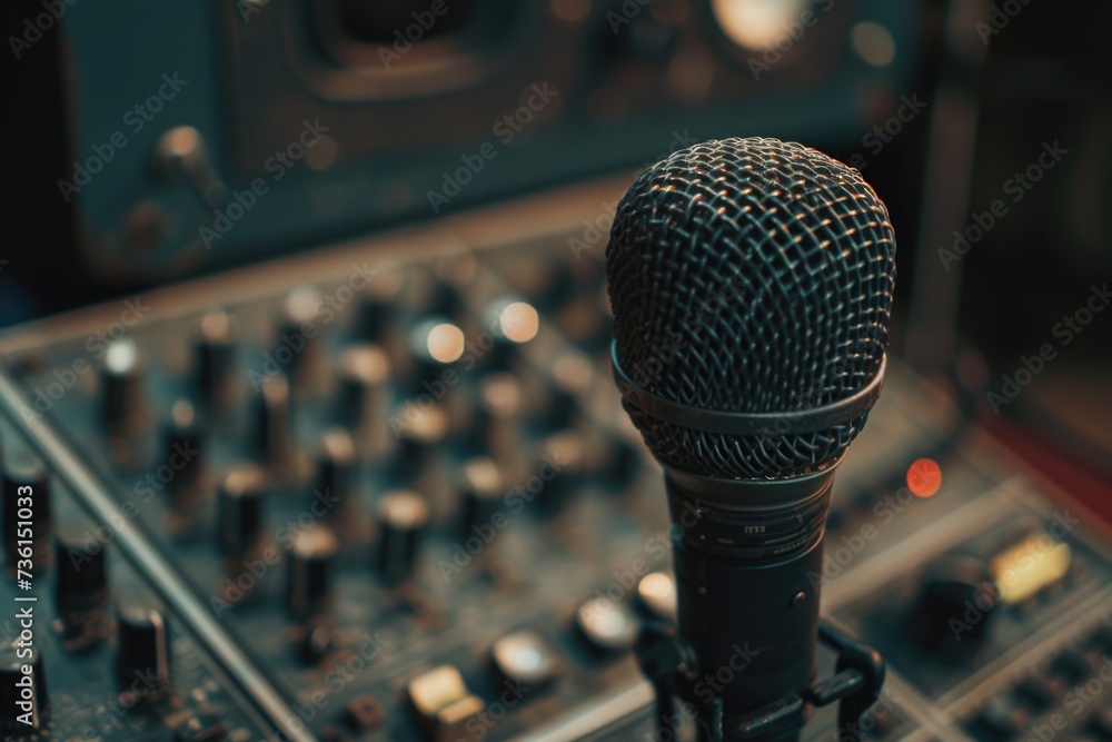 Poster a microphone sitting on top of a sound board. perfect for music production or recording studio proje