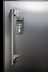 A detailed view of a stainless steel refrigerator. Perfect for showcasing modern kitchen appliances