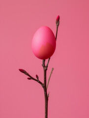 Spring concept of Easter egg on a flower stem. Minimal pink concept.