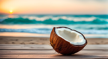 Open coconut on a wood table top on blurred beach during the sunset. Tropical or summer mockup...