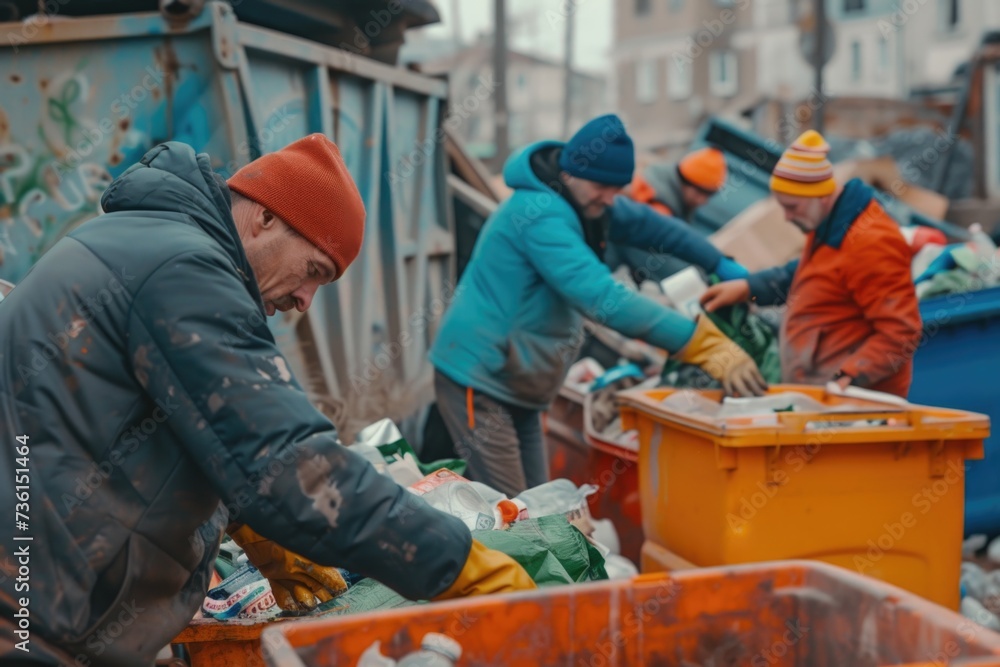 Poster people working together to sort and organize garbage in a dumpster. suitable for environmental and r