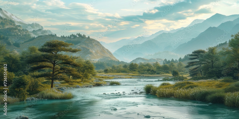 Poster a picturesque painting capturing a serene river flowing through majestic mountains. perfect for addi