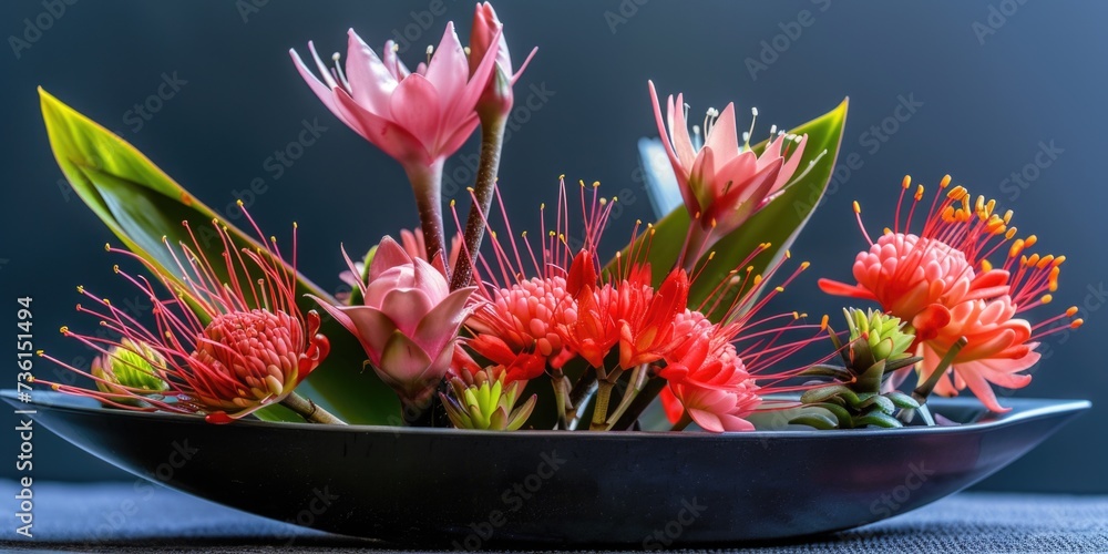 Poster a black bowl filled with pink flowers on top of a table. perfect for adding a touch of elegance and 