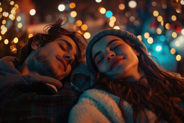 A picture of a man and a woman lying down together. This image can be used to depict a couple spending quality time together or to illustrate relationships and intimacy