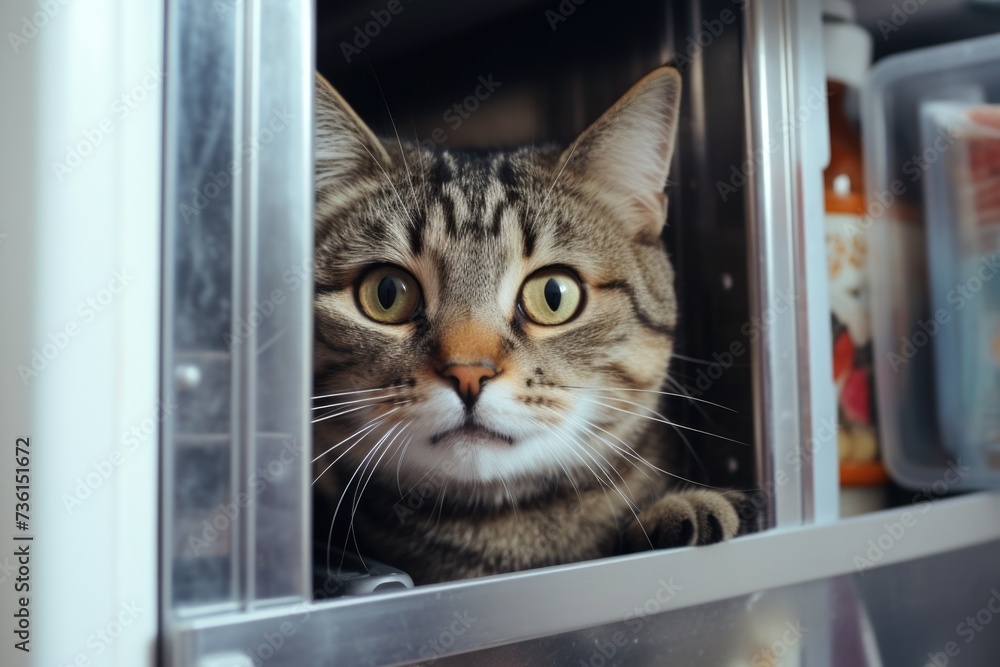 Poster a cat is seen looking out of a window. this image can be used to depict curiosity, observation, or a