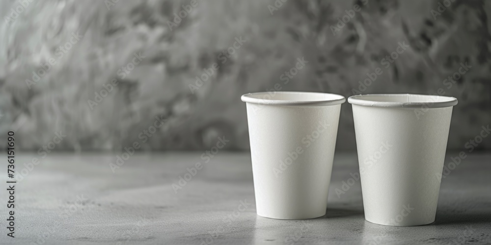 Poster two white cups sitting on top of a table. suitable for various uses