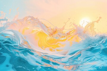 Fototapeta na wymiar A painting of a wave with a sun in the background. Perfect for beach and ocean-themed designs