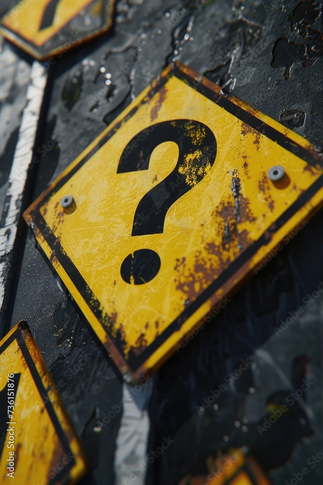 Poster A close-up view of a yellow sign with a question mark on it. This image can be used to represent uncertainty, confusion, or the need for answers in various contexts