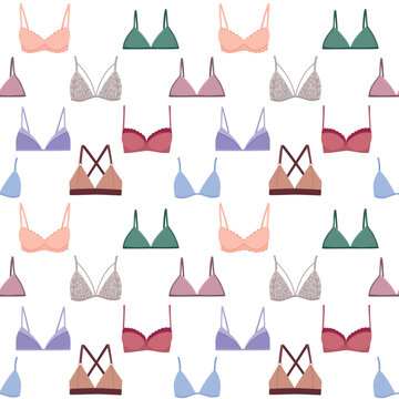 Illustration of flat various types of women's bra. Hand drawn colorful vector seamless pattern