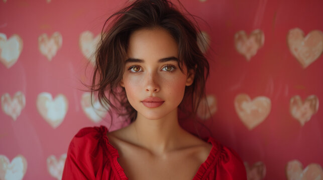 portrait d'une jeune femme amoureuse en robe rouge sur fond de papier peint avec motifs de c&oelig;ur