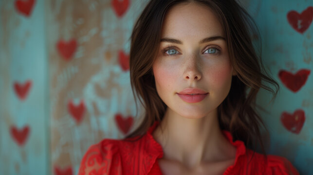 portrait d'une jeune femme amoureuse en robe rouge sur fond de papier peint avec motifs de c&oelig;ur
