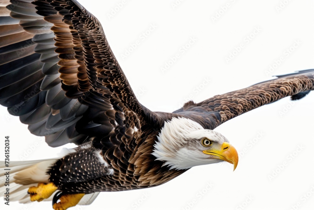 Poster a powerful bald eagle soaring through the sky with its majestic wings outstretched. ideal for nature