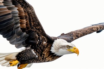 A powerful bald eagle soaring through the sky with its majestic wings outstretched. Ideal for nature enthusiasts and wildlife-themed projects