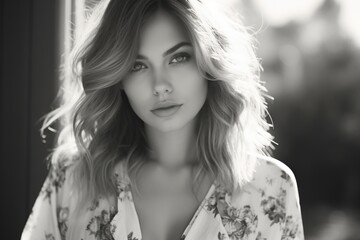 Naklejka premium A black and white photo capturing the essence of a woman's beauty. This versatile image can be used in various projects