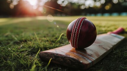Close-up of cricket ball and wooden bat lying on grass, stadium pitch. Leisure activities, emphasizing healthy, sporty lifestyle.