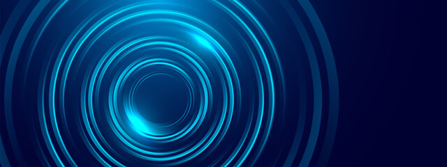 Blue abstract background with spiral circle lines, technology futuristic template. Vector illustration.