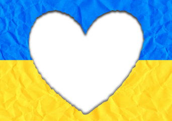 Torn paper in the shape of a heart in the colors of the Ukrainian flag, transparent heart shape