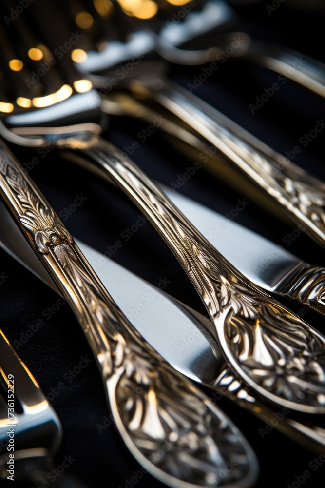 Poster a collection of silverware placed neatly on a table. suitable for dining and kitchen-related designs