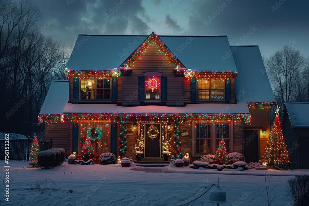 Poster a house adorned with colorful christmas lights and decorations. perfect for adding a touch of holida