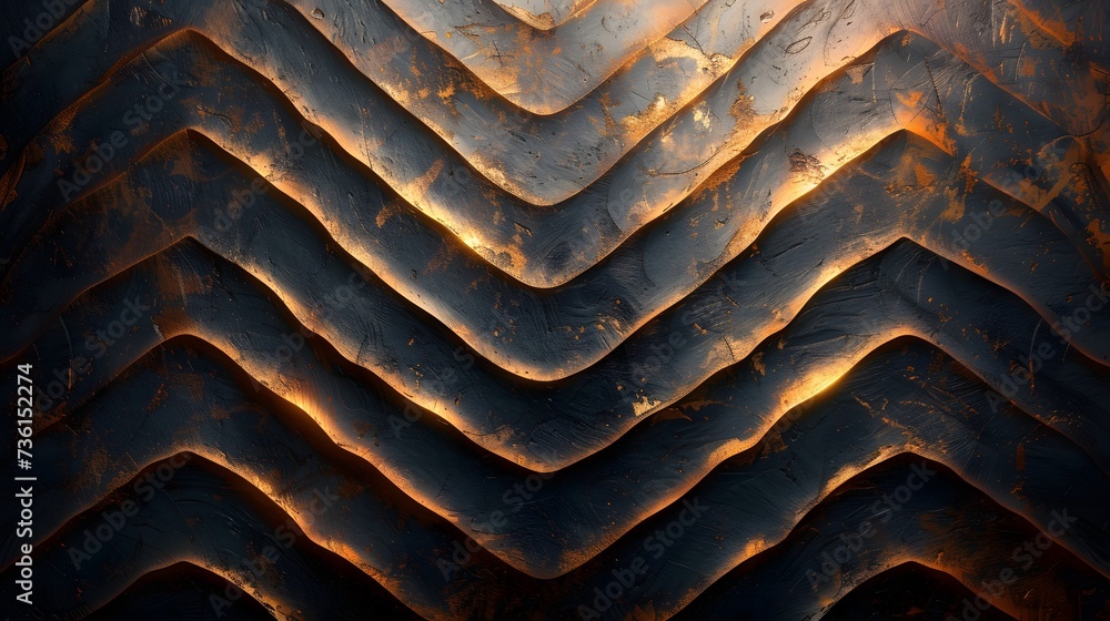 Poster pattern of thin, golden zigzag lines against a dark background. the symmetrical and repetitive desig