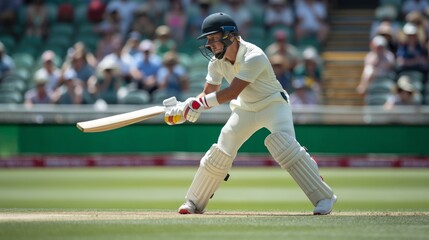 Cricket batsman playing shot with wicket-keeper on cricket stadium with crowd in t background. Summer outdoor game