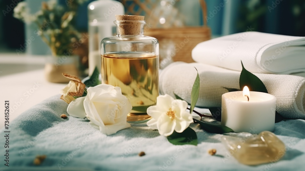 Poster A bottle of oil and candles arranged on a towel. Perfect for creating a relaxing and soothing atmosphere. Ideal for spa, massage, aromatherapy, or meditation concepts