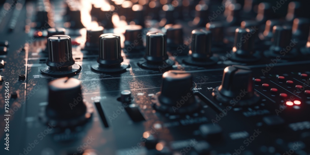 Poster a detailed view of the knobs on a mixing board. ideal for music production and audio engineering pro