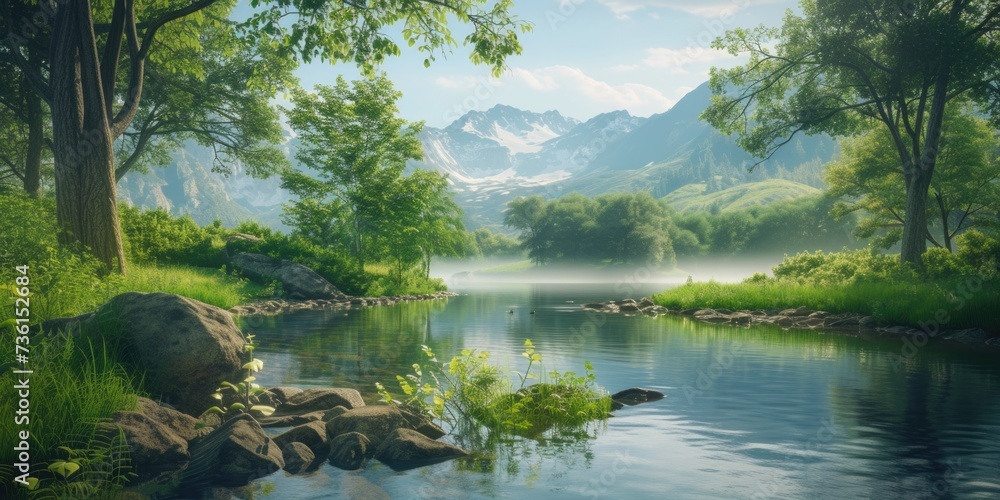 Poster a serene image of a river running through a vibrant, green forest. ideal for nature enthusiasts and 